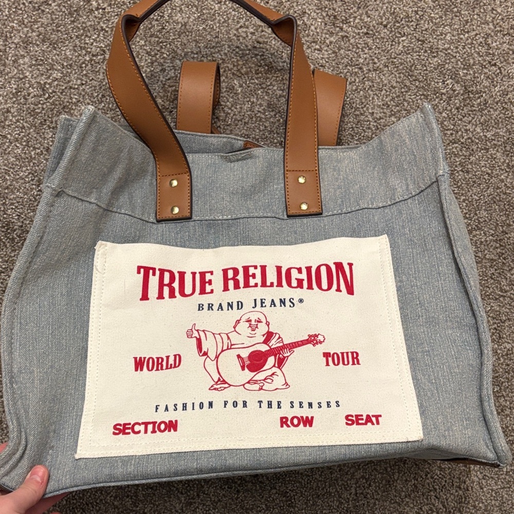 True Religion Gray Tote with Tan Handles